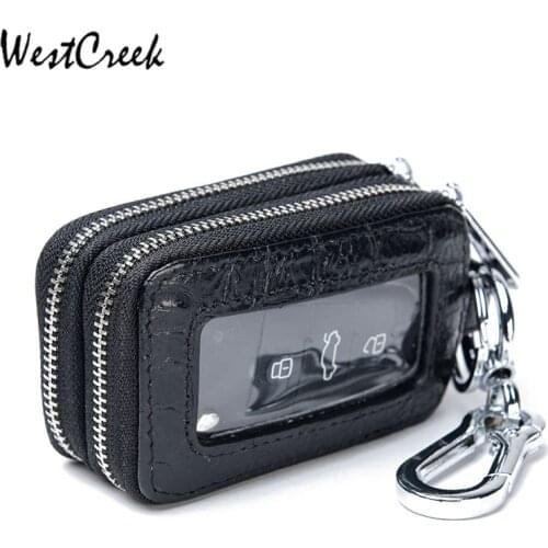 WESTCREEK Brand Leather Crocodile Pattern Men Double Zipper Car Key Wallets Women Key Card Holder Housekeeper with Keychain
