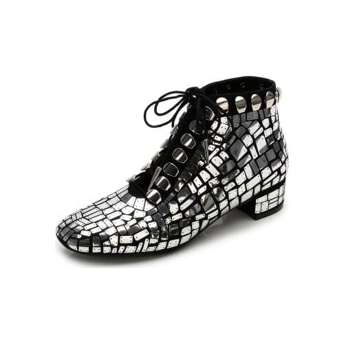 New Boots Woman Metal Bling Decor Ankle Boots Lace Up Shoes Women Square Toe Heel Short Booties Fashion Botas Brand Star Runway