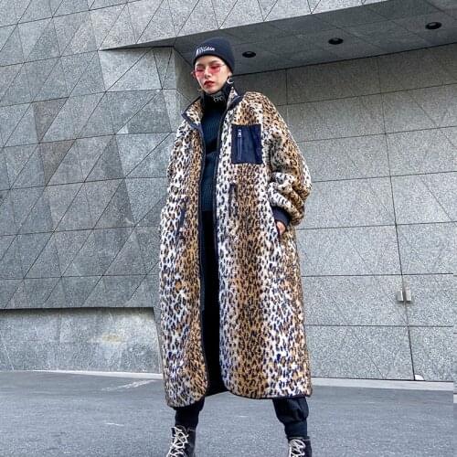 Leopard Print Long Winter Woman Coat 2020 Large Size Warm Imitated Fleece Jacket Plus Sizes Thick Cotton Female Outerwear Ladies