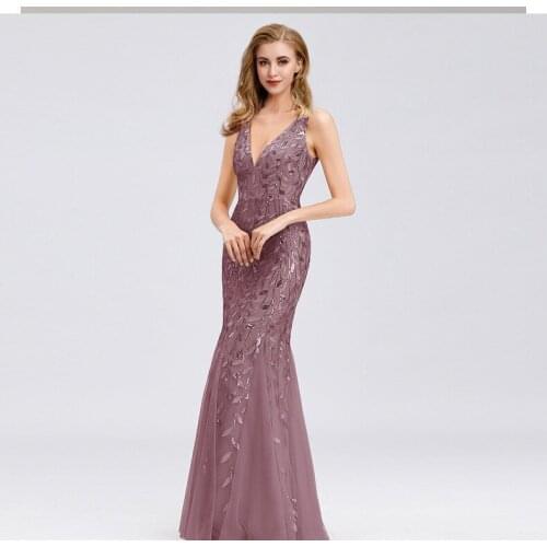 Women Elegant Dress Spaghetti Strap V Neck Fishtail Sequins Banquet Maxi Dresses Sexy Night Dress Bead Breast Dress Vestidos
