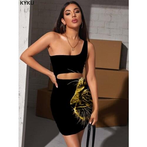 KYKU Brand Tiger Dress Women Cheetah Bodycon Dress Animal Pleating Harajuku 3d Print Womens Clothing Club New Korean Style
