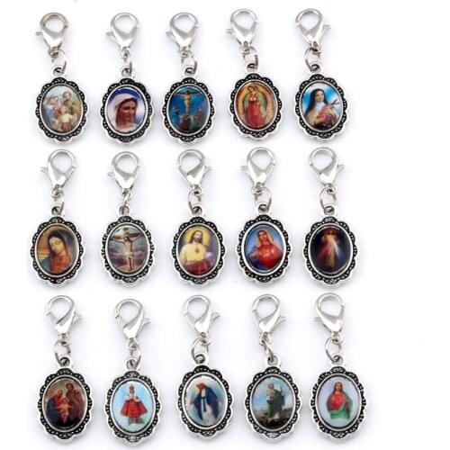 12pcs Oval Jesus Christ icon Cross Floating Lobster Clasps Charm Beads Fit Charm Bracelet DIY Jewelry 12x33.5mm A-566b