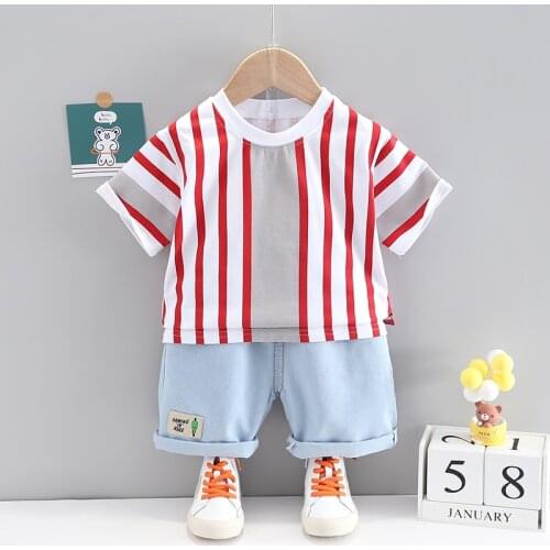 2021 New Summer Boys' Korean style striped short sleeve 2-piece childrens cotton fashion casual round neck suit