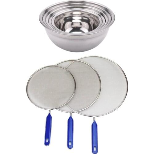 5 Pcs Stainless Steel Salad Bowl with Lid Food Mixing Bowl & 3 Pcs Grease Splatter Screen Cooking,Stainless Steel Guard