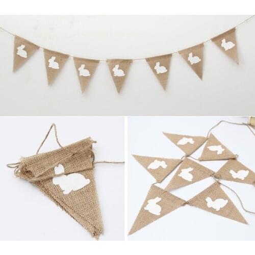 7pcs easter party decoration linen pennant white rabbit linen flag party bunting