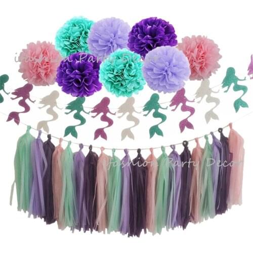 Glitter Mermaid Party Garland Banner Paper Pom Poms Party Balloons Children Kids Birthday Party Supplies New Year Eve Decoration