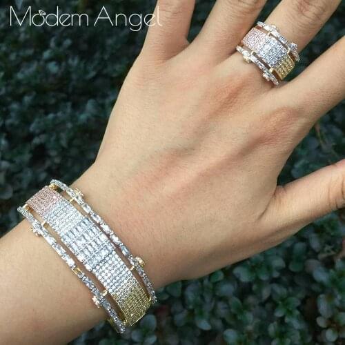 ModemAngel Unique brand Baguette Cubic Zircon Cuff Bangle Ring Sets for Women Fashion Hand Bracelets Jewelry Gift