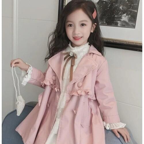 Children Girls Trench Coats Cute Spring Autumn Kids Princess Windbreaker Jackets Overcoat Baby Medium Length Solid Tops Clothes