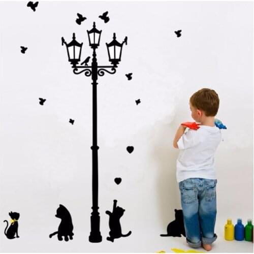 DIY Wall Sticker Cat Under Street Lamp Vinyl Wall Decals Removable Stickers Mural for Living Room Bedroom Home Decor