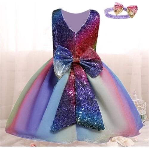 Gradient Sequined Baby Girls Kids Rainbow Princess Dress Summer 1 2 3 4 5 Years Toddler Birthday Wedding Party Big Bow Ball Gown