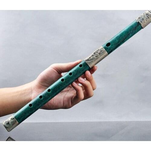 CHINA Natural Jade Armor Tibet Silver Hand Carved Dragon & Phoneix Pattern Flute