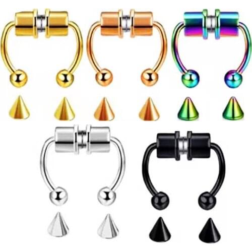 5pcs Nose Ring Hoop Nose Septum Rings Stainless Steel Magnet Nose Punk Fake Piercing Body Jewelry Hip Hop Rock Ear clip Jewelry