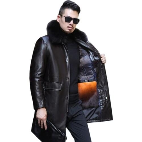 F917 Middle-aged Mens Sheepskin Leather Nick Garment Leather Wind Coat Fox Fur Collar Removable Liner Long Leather Coat Men