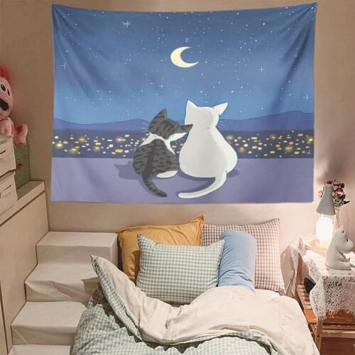 Kawaii Room Decor Tapestry Cute Kitten Illustration Home Decoration Accessories Mural Aesthetic Room Decor Wall Hanging Macrame
