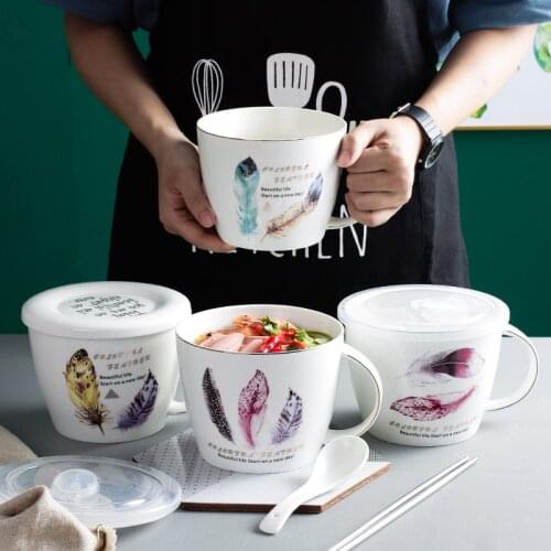 Cartoon Creative Instant Noodles Bowl With Lid Ceramic Bowl Cute Student Job Bowl Soup Bowl