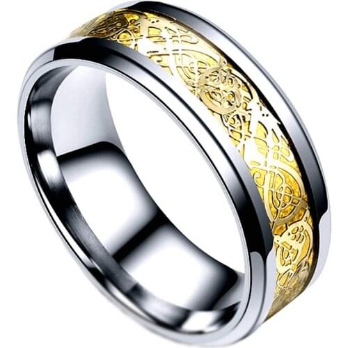 Mens ring gold carbon fiber dragon shaped inlay comfortable stainless steel ring suitable for mens wedding