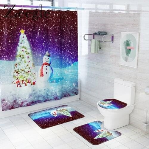 Printed Shower Curtain Set with Rug Snowman Cartoon Home Decor Bathroom Mat Anti-slip Bathroom Carpet 4pcs/set Toilet Carpet