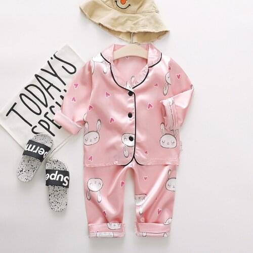 Children Long-Sleeved Silk Pajamas Cartoon Bear Rabbit Pattern Boys Girls Pyjamas Christmas Clothing Sets 2pcs 1 2 3 4 Years Old