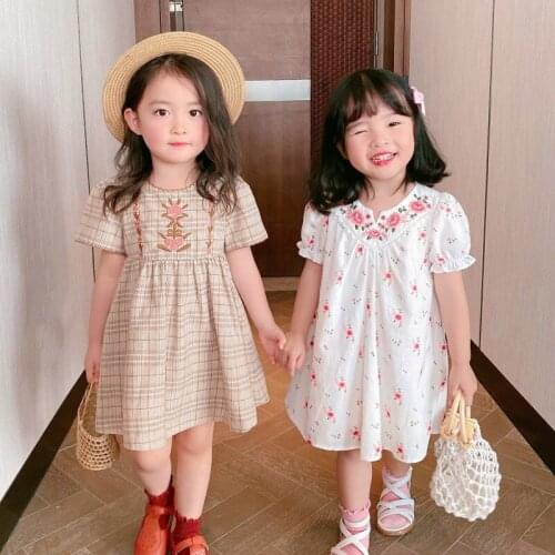 Girls Dresses Embroidery Two Styles Puff Short Sleeve Cotton Sweet Princess Dresses 2021 Summer Cute Floral Dress