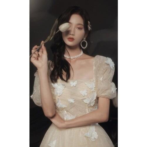 Dresses For Women Evening Dress Royal Champagne Prom Dress Butterfly Lacepuff Sleeve Dress Multi-Layer Robe Marie 2XL