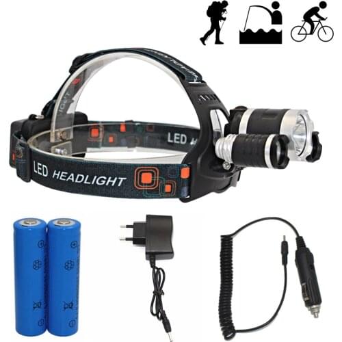 LED Headlamp 3 LED White Red Light Headlight 4 Mode Light Rechargeable Head Lamp + 18650 Battery + AC/Car Charger