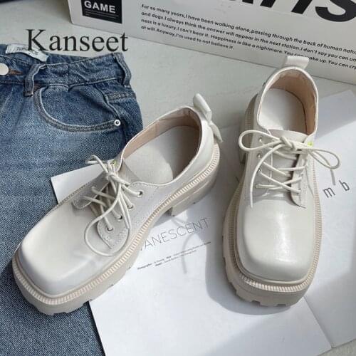 Kanseet Womens Pumps 2021 Autumn Cross-Tied Cow Leather Shoes Concise Square Toe Chunky Heels Basic Platform Footwear White