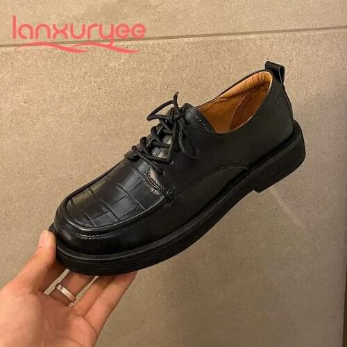 Lanxuryee British style split leather round toe low heel cross-tied brand shoes young lady streetwear leisure women pumps L81