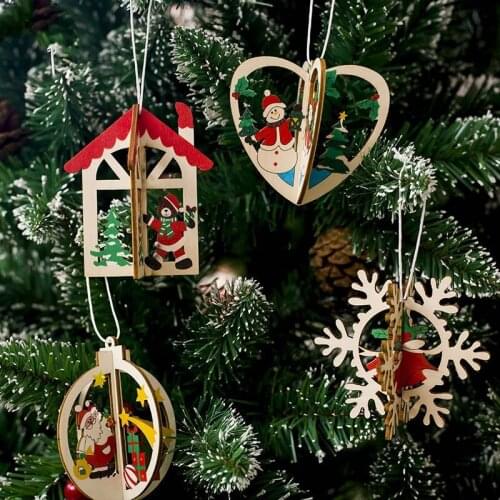 Christmas Tree Ornaments Wooden House Snowflake Heart Hanging Pendants Christmas Decorations for Home 2020 Xmas New Year Decor