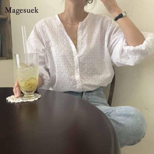2020 Women Autumn All-match Hollow Crochet O-neck White Blouse Single Breast Loose Long Sleeve Shirt Cardigan Solid Shirts 10991