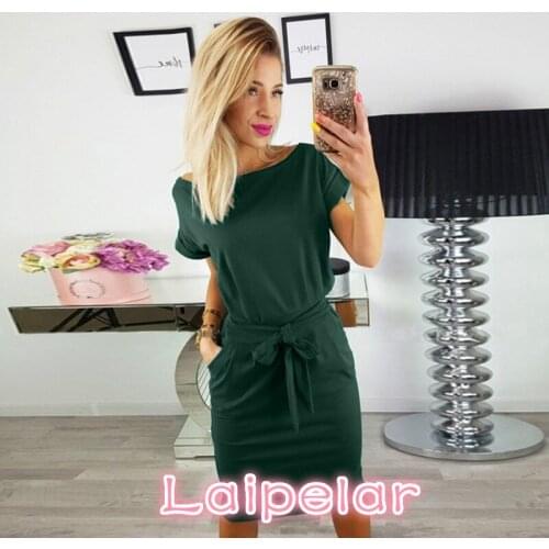 Laipelar Women Summer Dress Casual Pocket Bow Belt Knee-length Part Dresses Vestidos