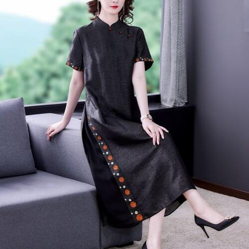 Vintage Chinese Style Embroidery Black Silk Midi Dress 2021 Summer New 4XL Plus Size Dress Women Elegant Bodycon Party Vestidos