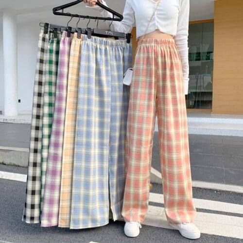 Zoki Plaid Women Pants Elastic High Waist Summer Thin Straight Pants Plus Size Loose Fashion Spring Casual Ladies Trousers New