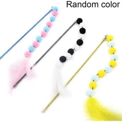 1pcs Cat Interactive Toy Stick Feather Wand With Small Bell Pom Pom Toys Plastic Artificial Colorful Cat Teaser Toy Supplies