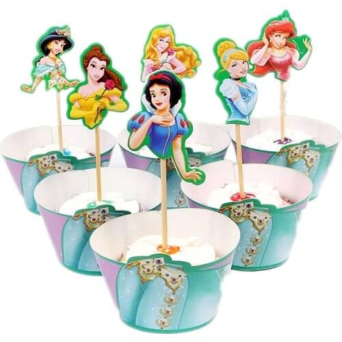 24pcs Princess Cupcake Wrappers+Toppers set Kids Girls Birthday Party Supplies Cake Baking Party Decoration