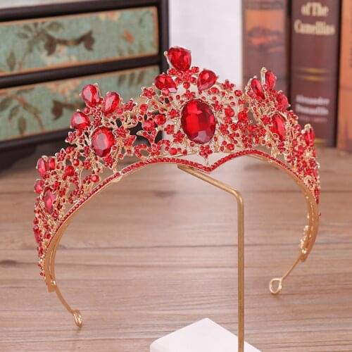 Baroque Luxury Red Rhinestone Crystal Bridal Crown Tiaras Vintage Gold Diadem Tiaras for Women Bride Wedding Hair Accessories