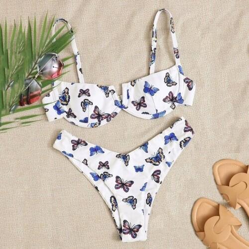 Biquini 2021 Push up Women Butterfly Print High Waist Two Pieces Micro Bikini Swimwear White Swimsuit Beachwear купальник