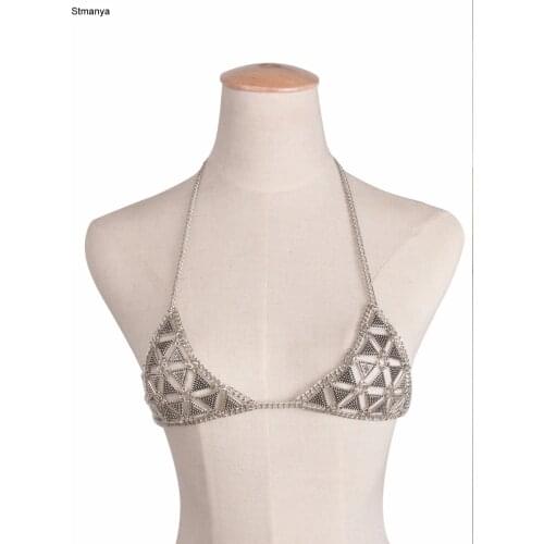 Jewelry retro exaggerated personality fashion triangle handmade bra chest chain bodychain necklace B1040