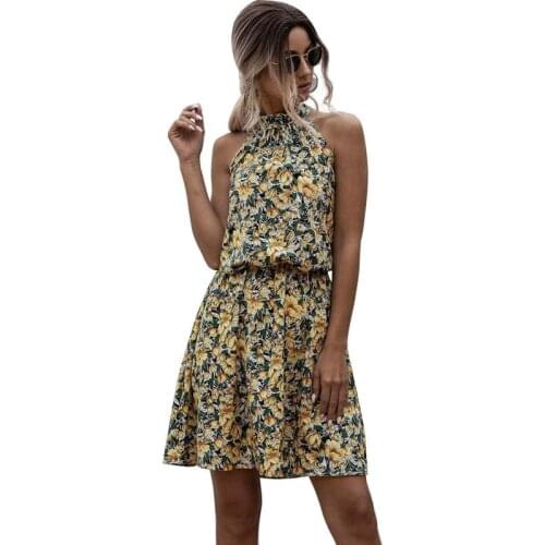 Boho Sleeveless Floral Print Dress Women Summer Casual High Waits Vintage Folds Streetwear Loose Halter Big Swing Beach Dresses