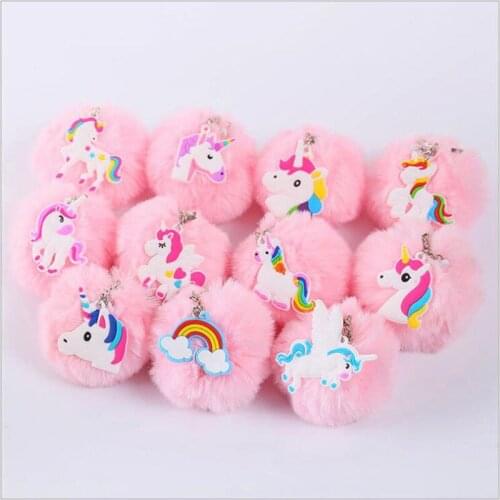 Unicorn Pendant Baby Pink Faux Fur Ball Keyrings Women Girl Kids Keychain Charm Pendant Christmas Gift Favor