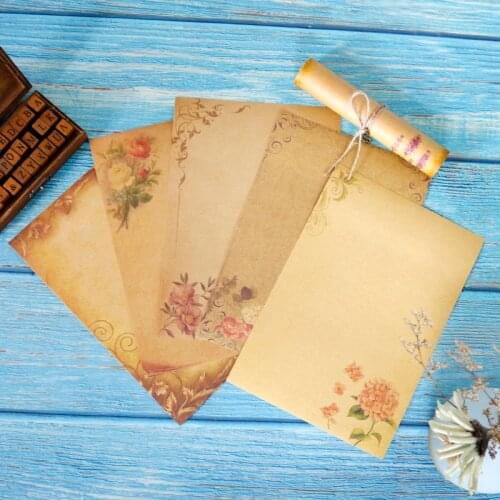 16sheets Vintage Flower Design Kraft Letter Paper Creative Brown Craft Writing Paper Stationery Letter Pad Office Supplies