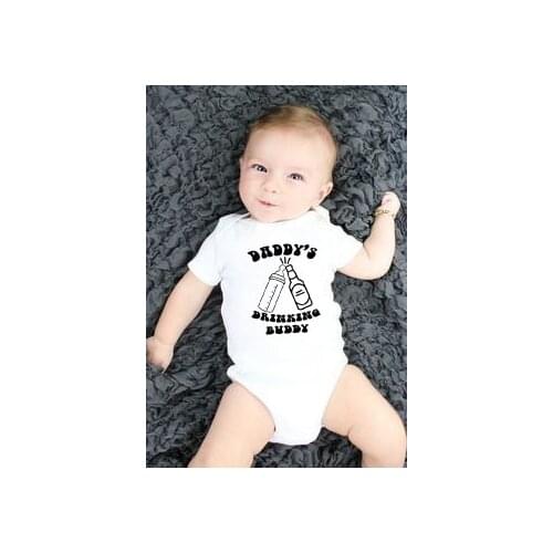 Daddys Drinking Buddy Funny Letter Print White Newborn Baby Clothing Summer Cute Short Sleeve Jumpsuit Clothes Baby Bodysuits