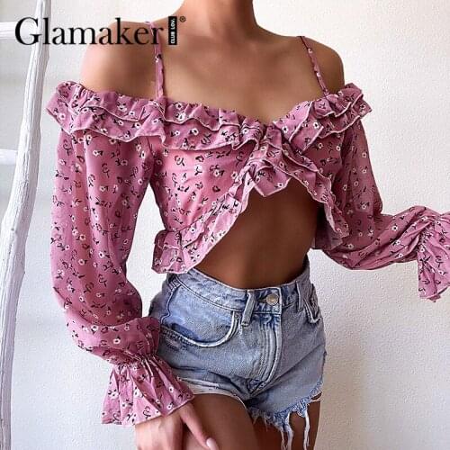 Glamaker Off shoulder ruffles sexy fashion blouse chic irregular elegant top Holiday beach summer floral chiffon blouse top new