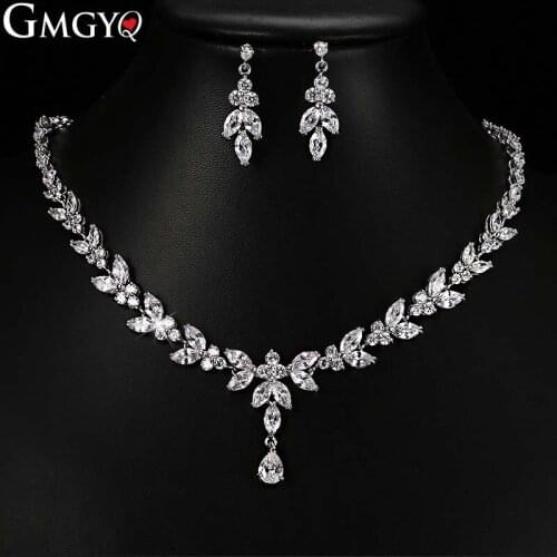 GMGYQ Simple Fashion Wedding Jewelry Necklace Earrings Silver AAA + CZ zirconia two-piece Set Wedding Dress Accessories