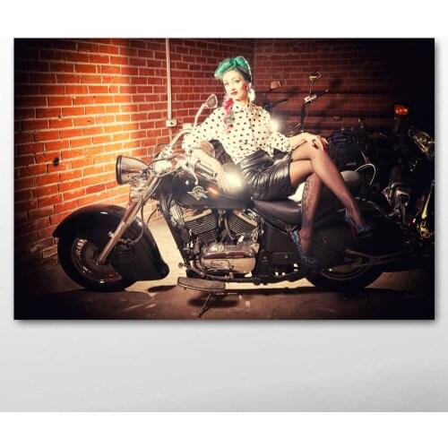 Hot Girl Model and Vintage Motorcycle Wall Art Posters and Prints Canvas Painting For Room Decor