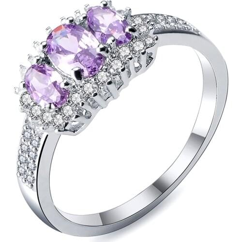 Hainon Silver Color Ring For Women Simple Design Purple CZ Crystal Oval Fashion Jewelry Bridal Wedding Engagement Ring Accessory