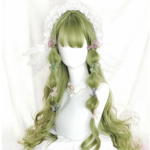CosplayMix Lolita 65CM Cyan Green Long Wavy Bangs Heat Resistant Hair Lady Halloween Cute Party Synthetic Cosplay Wig+Cap