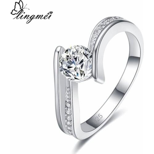 Lingmei New Party Chic Charming Round Cut Exquisite Yellow & White Cubic Zircon Silver Color Ring Size 6-9 Women Wedding Gift