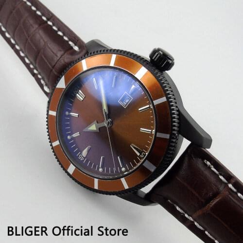 Fashion BLIGER 46MM Brown Dial Coffee Rotating Bezel Black PVD Case Leather MIYOTA Automatic Movement Mens Wrist Watch BI18