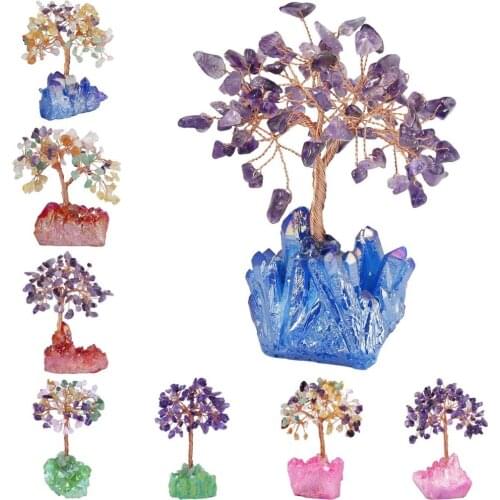 TUMBEELLUWA Natural Crystal Money Tree,Aura Titanium Coated Crystal Cluster Base Bonsai Wealth Luck