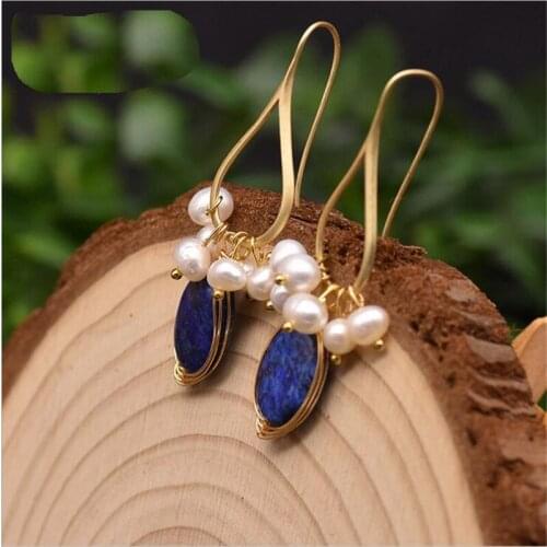 New Natural Lapis Lazuli Freshwater Pearls Ear Hook Drop Earrings For Women Wedding Party Fine Handmade Gift Jewelry Accessories